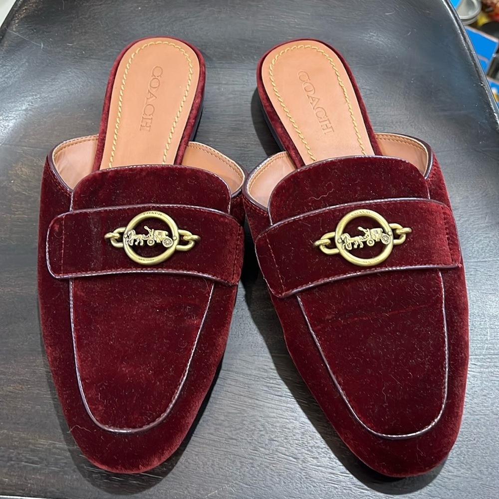 Coach Burgundy Velvet Mules with Gold Accent